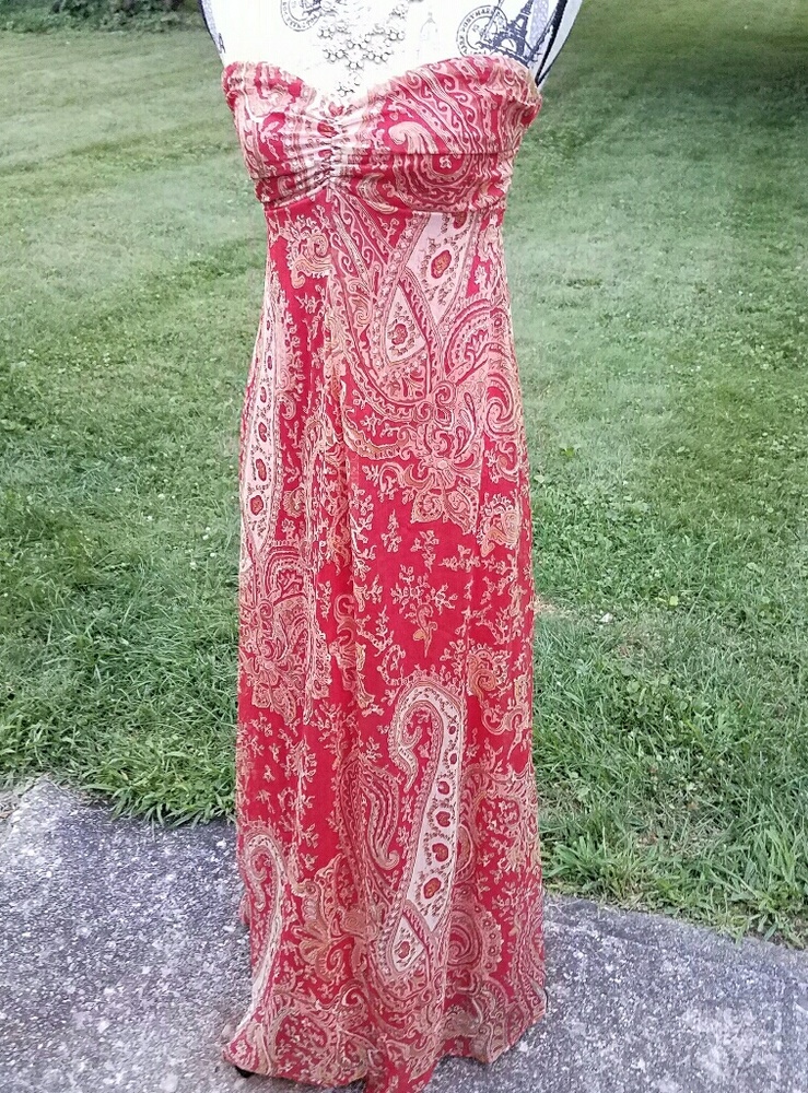 Orange/coral paisley strapless maxi dress